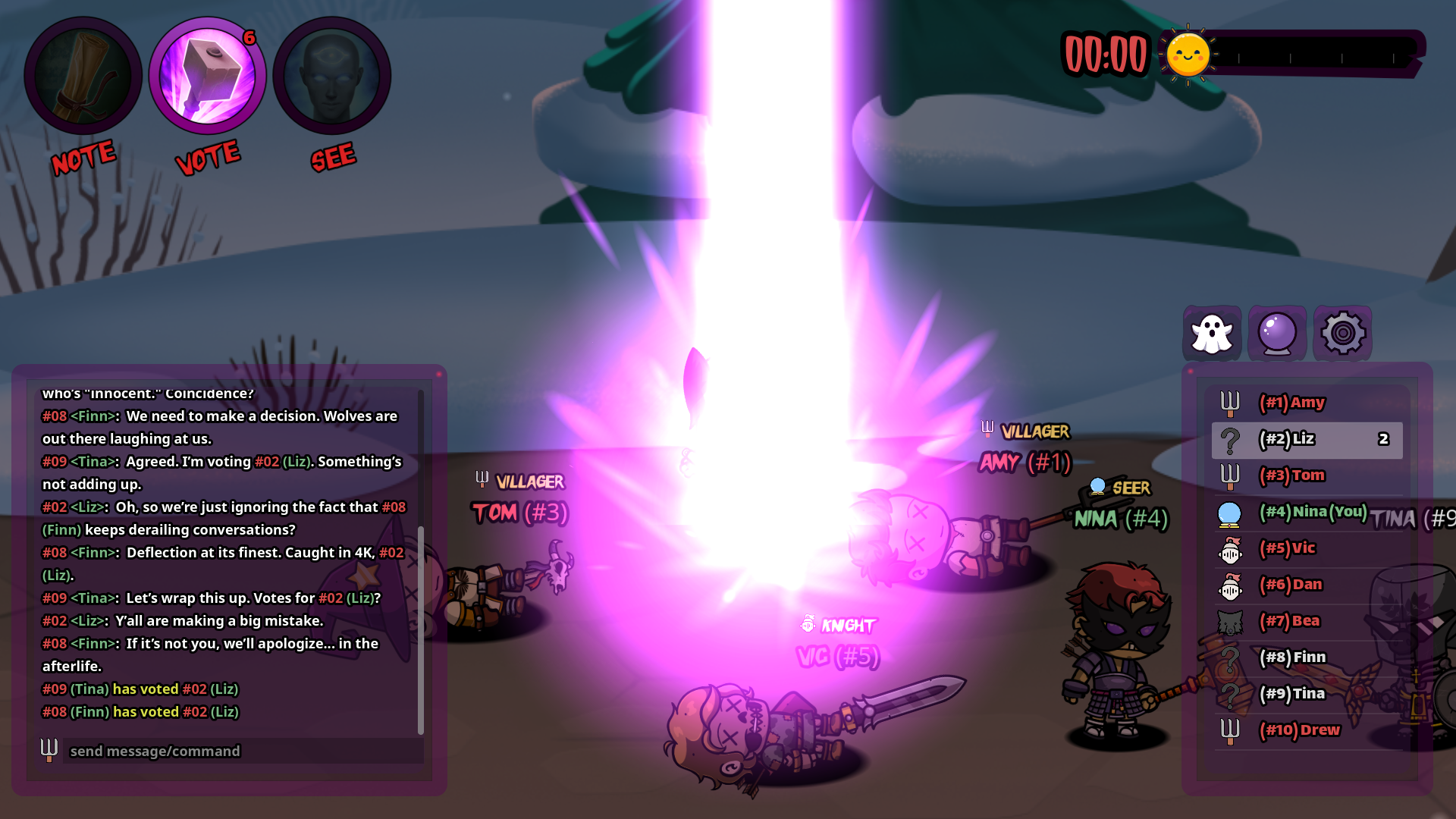 A screenshot of spooky night, a werewolf one night based game. The screenshot shows a villager struck by fate the grim reaper's purple thunder/lightning