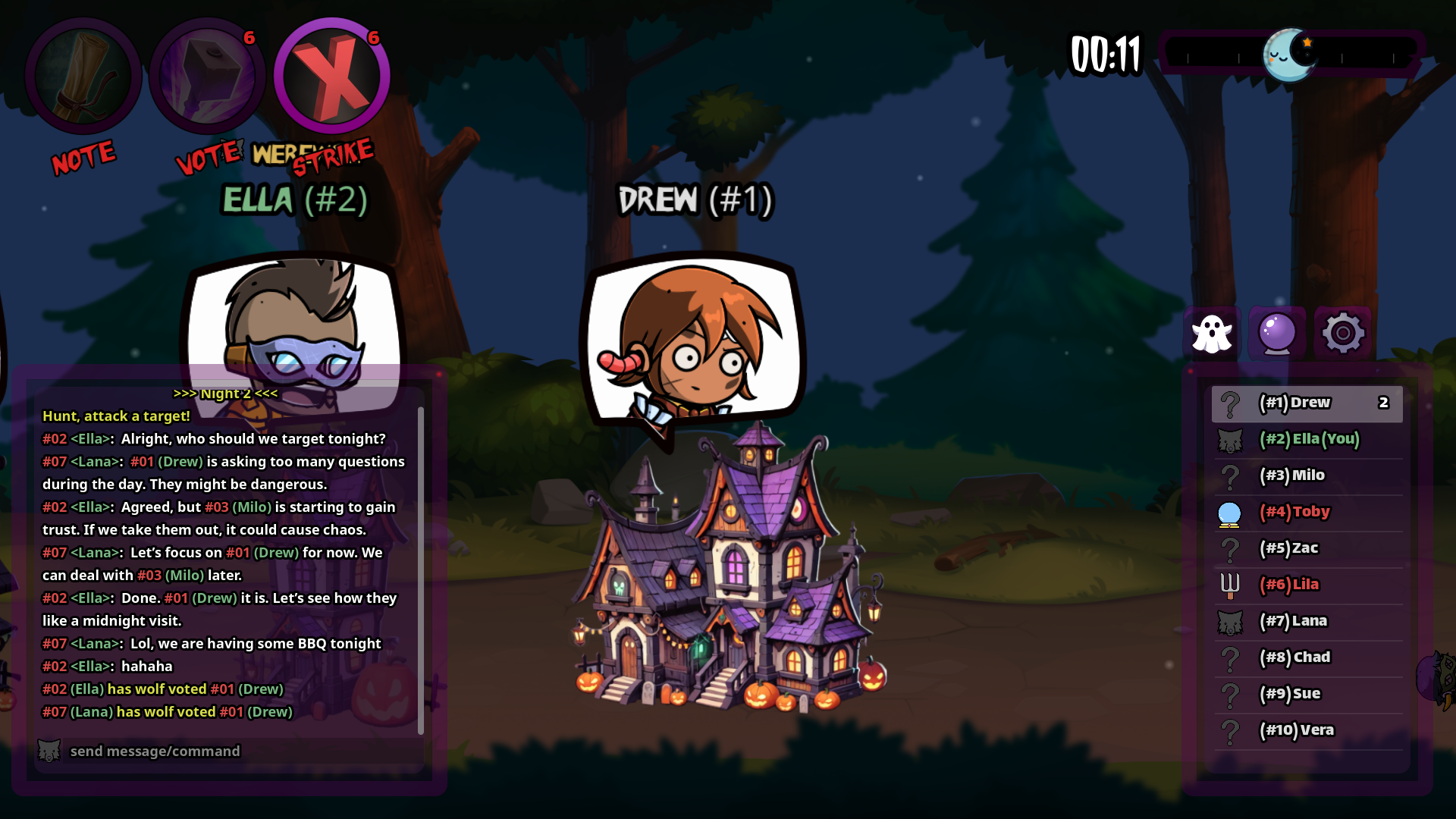 A screenshot of spooky night, a werewolf one night based game. The screenshot shows a villager in their house at night